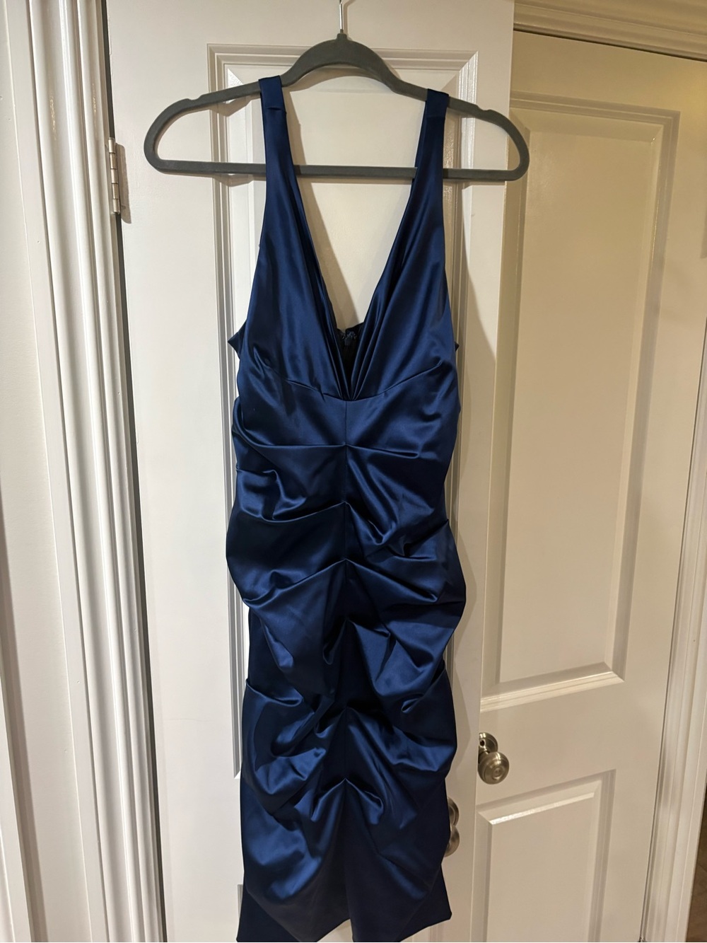Elegant Navy Satin Ruched V‑Neck Dress